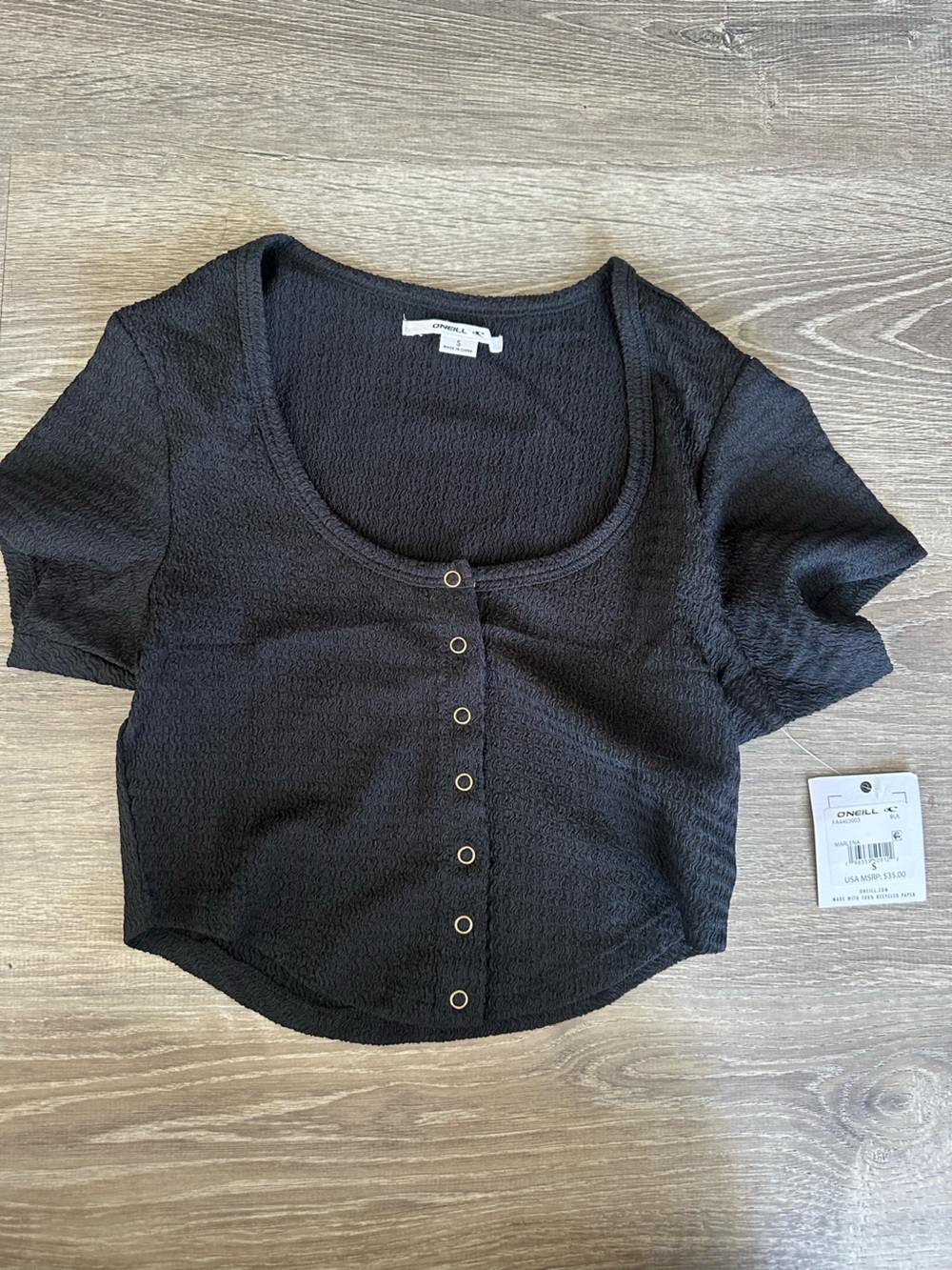 O'Neill Black Short Sleeve Button-Front Crop Top